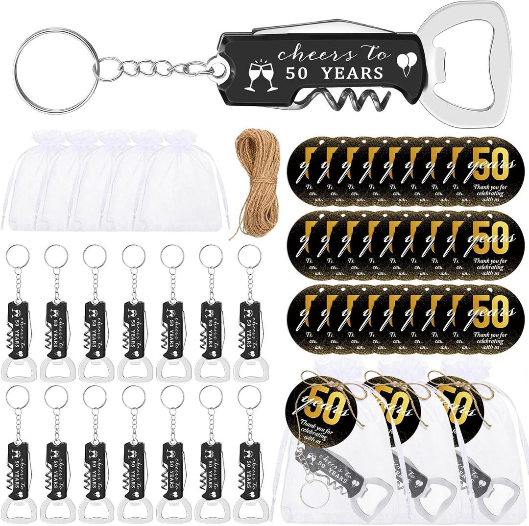 50 Sets 40th 50th 60th 70th 80th Birthday Party Favors for Guests Bottle Opener Keychains Bulk Thank You Cards with Organza Gift Bags for Birthday Party Favors Anniversary Souvenirs(50 Years)
