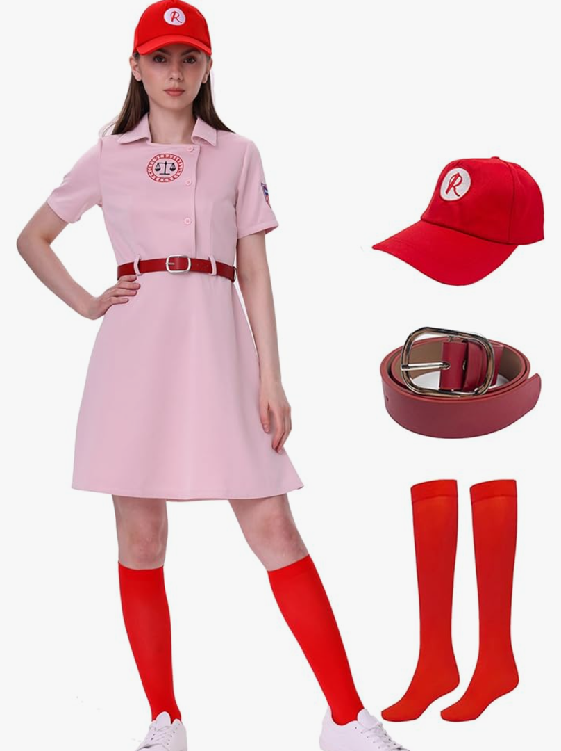 Women's Baseball League Costume Dottie Costume Pink Dress Halloween Cosplay Uniform Set, Size XL