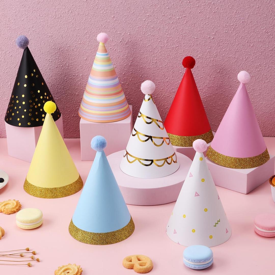 Birthday Party Hats 16 Pcs - Colorful Cone Hats with Pom Poms for Kids Party Supplies - Birthday Hat for Celebration, Children's Day Party Favors, Photo Props