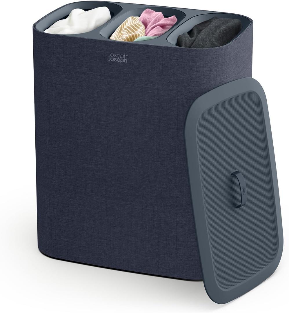 Joseph Joseph Tota Trio 90 liter/23.8 gallon Laundry Hamper Separation Basket with lid, 3 Removable Washing Bags with Handles- Black (Black/Dark Blue)