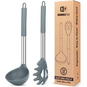 Silicone Pasta Fork and Ladle Spoon Set, Large Non Stick Kitchen Utensils for Cooking,Stirring,Serving Spaghetti, Soup, Sauce (GRAY)