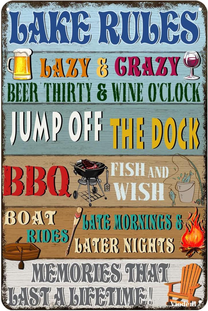 Viodenl Lake Rules Tin Sign Cave Pool Country Lake House Farmhouse Cabin Beach Bar Wall Decor Sign 12x8 Inches