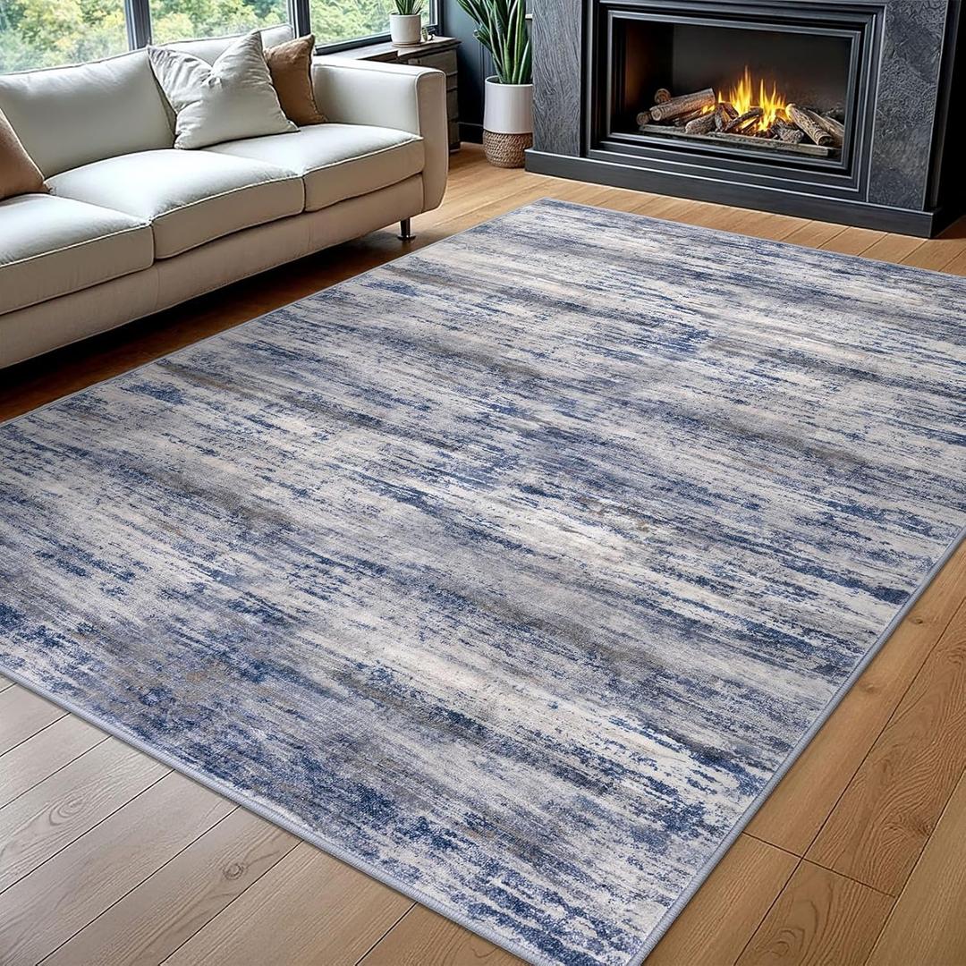 KOZYFLY Rugs for Living Room 8x10 Modern Ombre Living Room Area Rug, Washable Large Thin Rugs Non-Slip Soft Striped Rug for Bedroom, Print Grey-Blue Abstract Carpet for Laundry/Kid Room