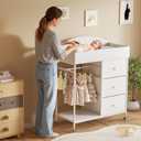 DTK Changing Table Dresser with Clothing Rack and Storage Shelf,3-Drawer Baby Dresser with Changing Table Top,Diaper Changing Station with Waterproof Pad,Mobile Dresser for Nursery,White