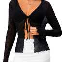 Milumia Women's Y2K Textured Lettuce Trim Tie Front Cardigan Long Sleeve Sheer Shrug Top Cover Ups XS