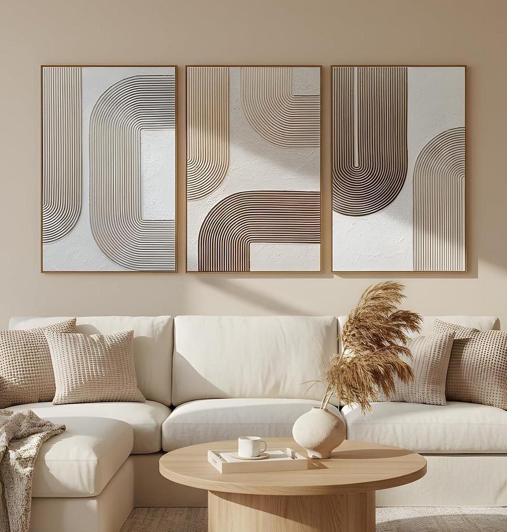 SAFERRYHOME Boho Neutral 3D Textured Wall Art Hand Painted,24"x36"x3 Framed, 24"x36"x3 Panels