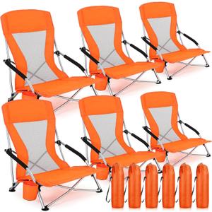 6 Packs Low Beach Chairs Portable Folding Beach Chairs for Adults with Cup Holder Carry Bag Low Back Camping Chair Lightweight Folding Lawn Chairs for Outdoor Sand Travel Concert (Orange)