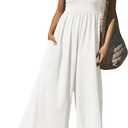 Fisoew Womens Summer Jumpsuits One Piece Casual Loose Overalls Spaghetti Strap Wide Leg Rompers with Pockets Workout Outfits (White, S)