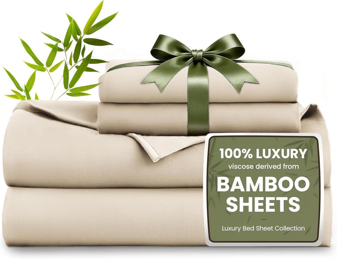 Love's cabin 3 Piece Twin XL Sheet Set, 100% Rayon Derived from Bamboo, Cooling & Breathable, Soft Silky Deep Pocket up to 16", Hotel Luxury Bedding for Hot Sleepers, Dark Beige