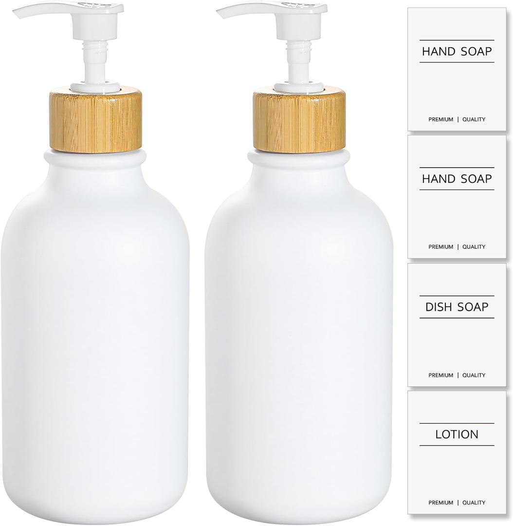 White Soap Dispenser, 2 Pack Plastic Bathroom Hand Soap and Lotion Dispenser Set with Bamboo Pump, 17 Fl Oz Hand and Dish Soap Dispensers Set for Kitchen, Refillable Liquid Soap Bottles