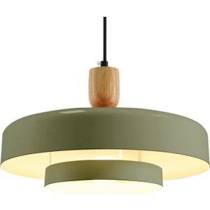 Olive Green Industrial Pendant Light Mid Century Chandelier Vintage 1-Light Hanging Fixture with Wood Accent 180cm Adjustable Cord E26 Base for Kitchen Island Bar Dining Room