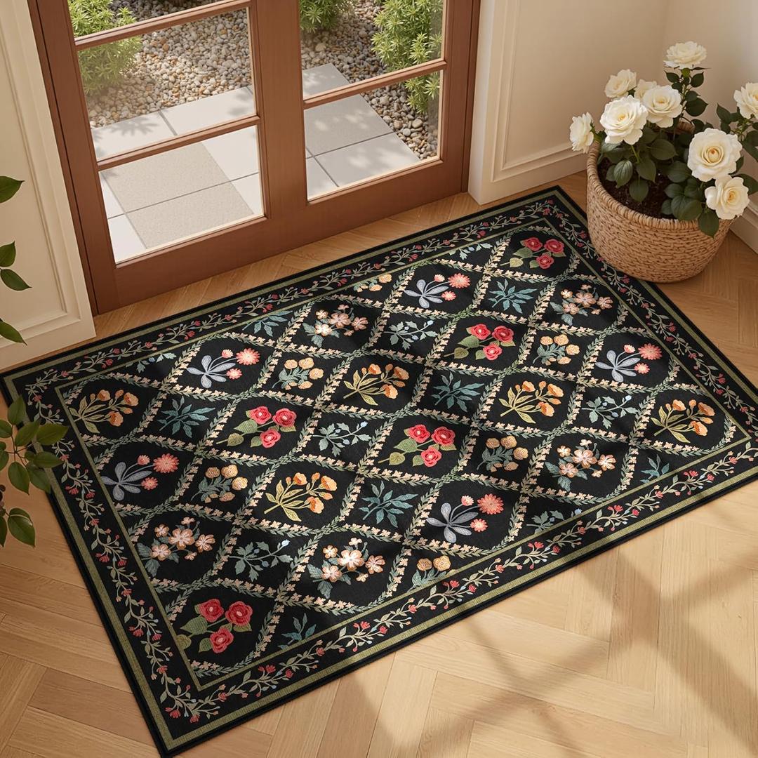 2x3 Rugs for Entryway, Floral Indoor Washable Door Mat, Non Slip Boho Small Rug for Kitchen, Soft Low Pile, Front Door Throw Rug for Entrance, Bedroom, Kitchen, Laundry, Bathroom, Black
