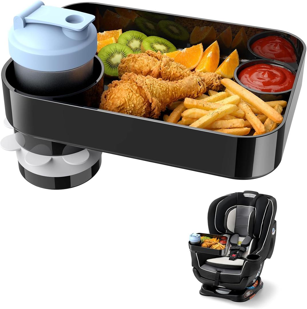 2Pack Car Seat Snack Tray for Kids, Mess-Free Square Travel Tray Cup Holder Snack Tray, Durable Car Food Tray for Toddlers, Universal Fit Kids Travel Road Trip Essentials (2, Black)