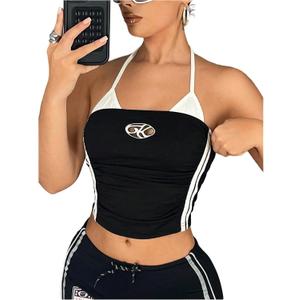 RoseSeek Women's Tie Backless Hollow Halter Top Sleeveless Striped Fitted Crop Tops Summer Y2K Clothes (Black)
