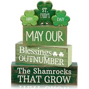 Lineshading 4 Pcs St. Patrick's Day Decor Wooden Shamrock Decoration Saint Patty's Day Tiered Tray Decor Rustic Wooden Shamrock Block Sign Irish Table Centerpiece Farmhouse for Party Home Kitchen