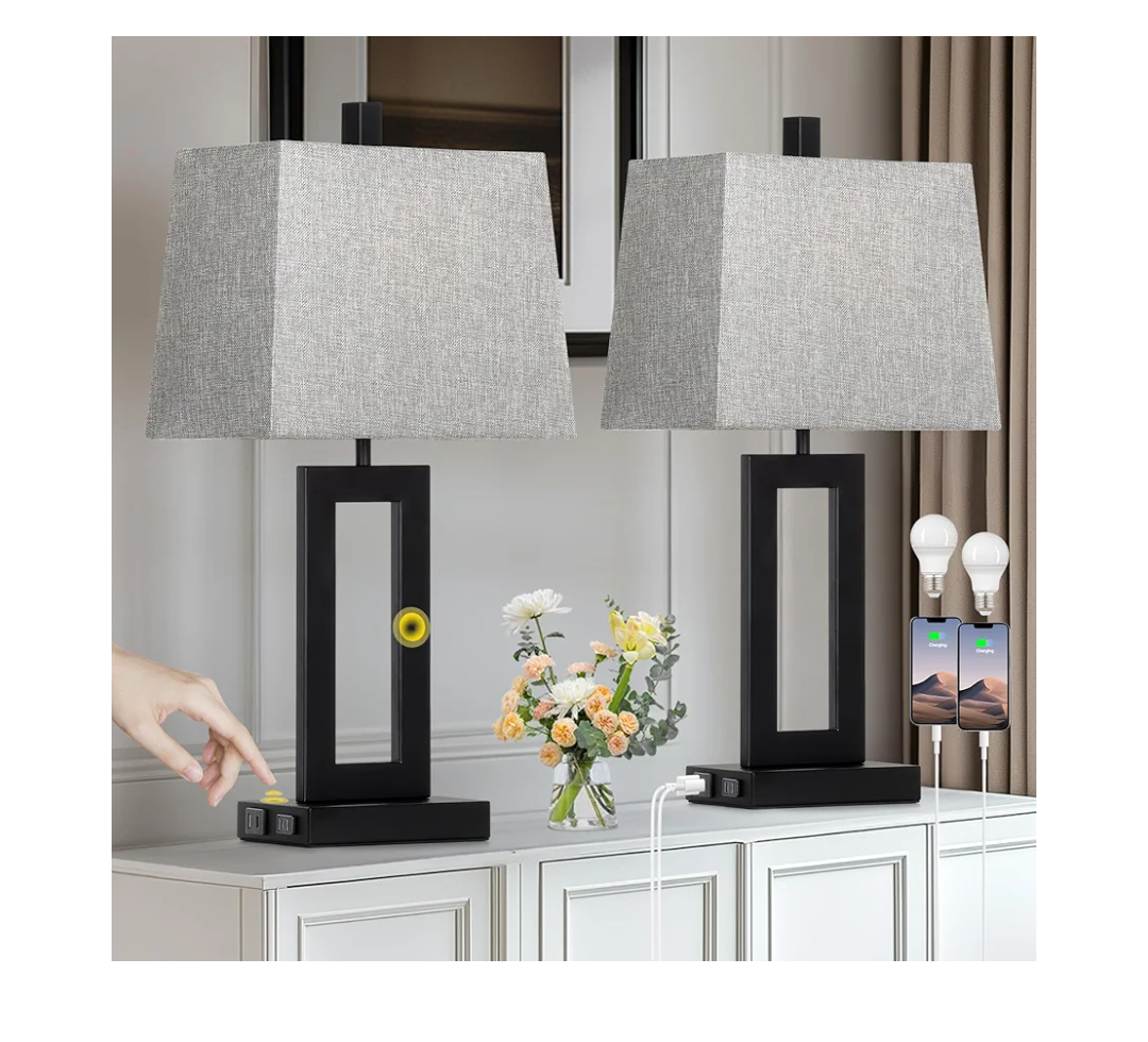 Touch Control Table Lamp Set of 2, Modern Black Bedside Lamps with USB C+A Ports & AC Outlet, 3 Way Dimmable Bedroom Lamps for Night Stands Bedroom Living Room, Nightstand Lamp
