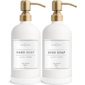 Vine Creations White Glass Soap Dispenser, 2 Pack Kitchen Soap Dispenser Set with Stainless Steel Pump, 16 oz Dish Soap and Hand Soap Dispensers for Bathroom with Waterproof Labels (Matte White Bottle / Brushed Brass Pump)