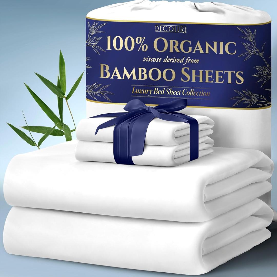 DECOLURE 100% Organic Viscose Derived from Bamboo Sheets King Size 4pcs - Ultra Soft & Luxuriously Cooling, 17" Deep Pocket, Double Stitching, Perfect for Hot Sleepers - King Bed Sheets (White)