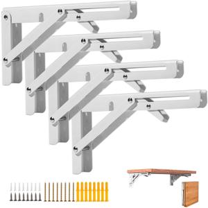 4PCS 14\6" Folding Shelf Brackets, Shelf Brackets Max. Load 220 lb Collapsible Heavy Duty Stainless Steel DIY Wall Mounted Shelf Bracket Space Saving for Work Table Bench(White /14In /4pcs)