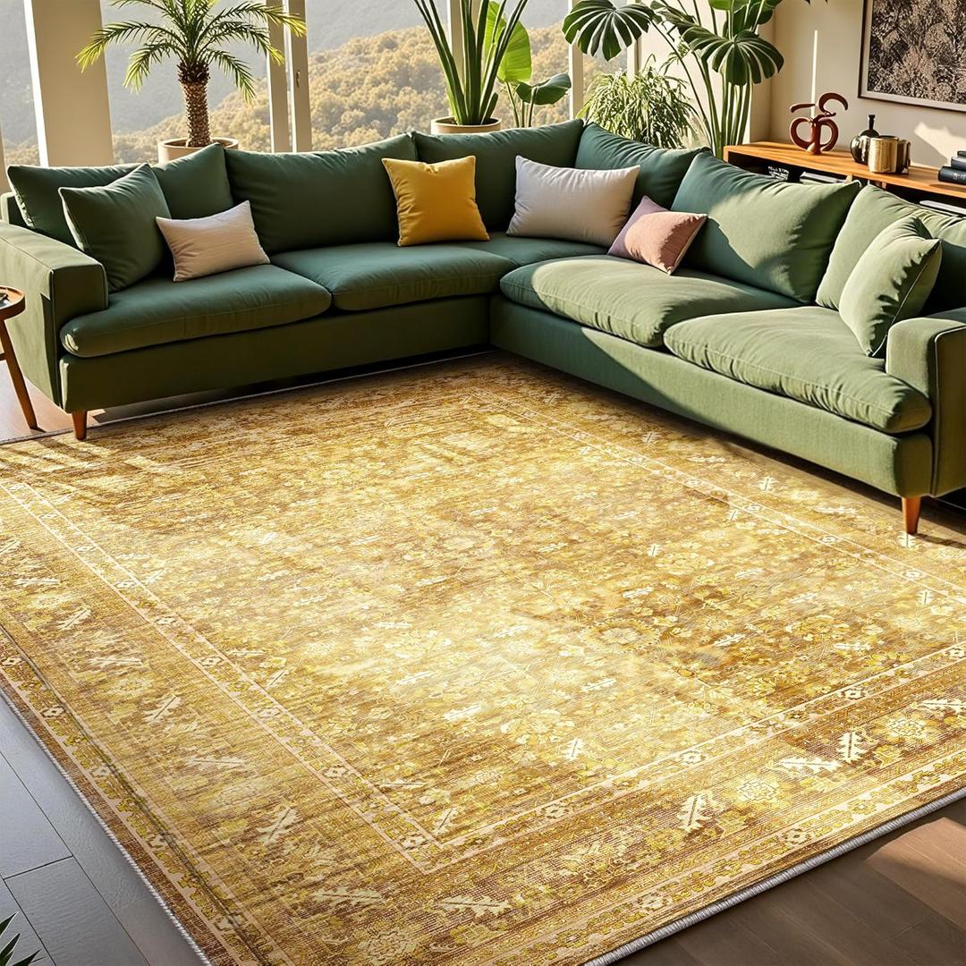 OPPODREAM Vintage Yellow Area Rugs 5x7, 5 x 7 Retro Washable Rug Non Slip, Low-Pile Faux Wool Carpet, Soft Distressed Floor Mat for Living Room, Bedroom, Kitchen, Office, Dorm, Dinning Room