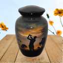 Small Cremation Urn for Human Ashes - 6 x 4 inch, 650 ml, Golfer Design, Aluminum, Handcrafted Memorial Container