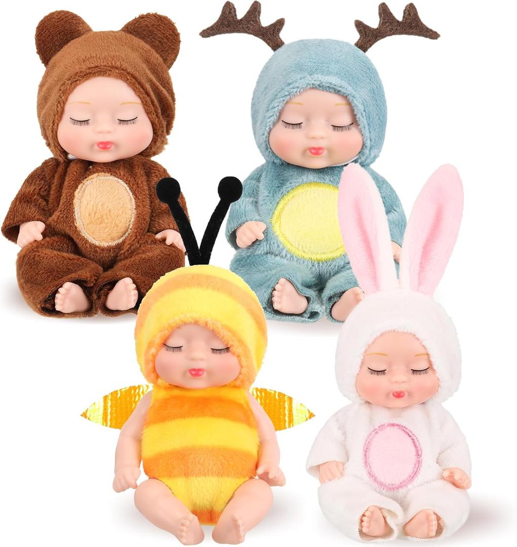 Hanaive 4 Pcs 4 Inch Mini Baby Dolls Lifelike Realistic Baby Dolls Animal Clothes Cute Tiny Gifts for Kids Birthday Party(Cute Style)