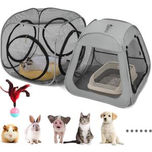 Portable Cat Playpen, Trapezoidal Design for Better Standing, Foldable Pet Tent for Indoor and Outdoor Use of Kitten and Puppy, Dog Play Enclosure with Removable Bottom, Cat Houses & Condos (Black-Cube all Mesh)