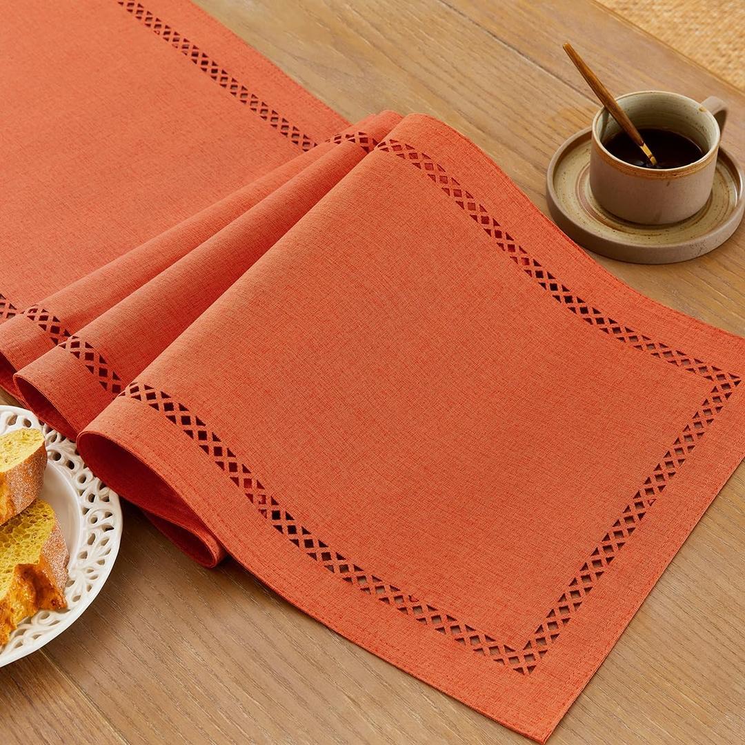Fall Table Runner Decorations, Burlap Style Farmhouse 13 x 90 Inch Orange Table Runner, Rustic Geometric Hollow Table Runners 90 Inches Long for Autumn Thanksgiving Decorations, 13x90 Inches, Orange