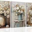 DUWQU 3 PCS Elegant Farmhouse Canvas Wall Art, Vintage Floral Pictures Wall Decor, Nature Themed Daisy Art Prints for Living Room Bedroom Kitchen and Office Ready to Hang 1216 Inches (flower)