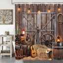 Rustic Barn Door Shower Curtain Set, Western Cowboy Shower Curtains, Farmhouse Country Cactus Shower Curtains for Bathroom, Farm Wooden Vintage Fabric Bathtub Decor Accessories with Hooks, 54X70IN