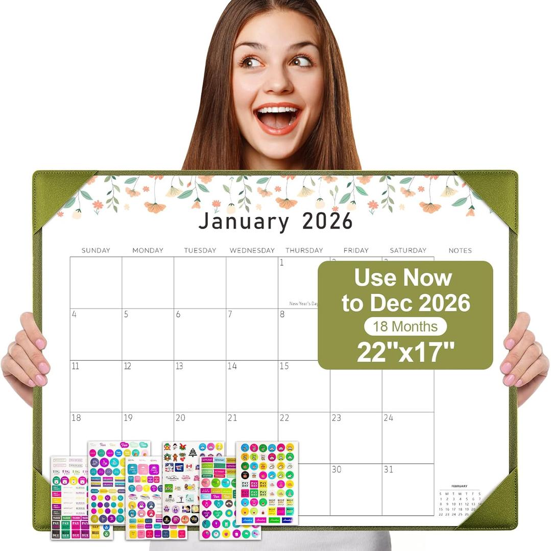 Gannyfer Desk Calendar 2026 with Desktop Mat, Simplified Large 22" x 17" Desktop Pad Calendar, 18 Month Desk Calendar, Use Now to Dec 2026, Office Supplies Perfect for Home School and Office - Green(6 Stickers Included)