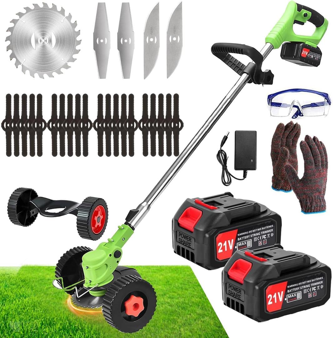 Electric Weed Trimmer 21V Cordless Weed Wacker 4.0AH Battery Operated with 2 Batteries and 3 Types Blades & Auxiliary Wheel Lightweight Brush Cutter for Yard and Garden Grass Trimmer
