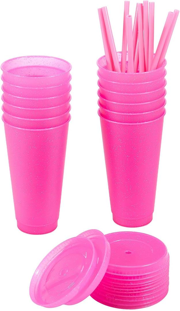 12Pcs Plastic Straw Cups Reusable Glitter Tumbler with Lid 710ml Large Capacity Drinking Cup Safe Fashion Water Bottle Creative Beverage Mug for Party Office Coffee Juice Smoothies ZHAZHAMO (Rose Red)