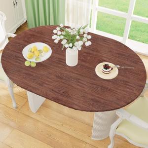 misaya Oval Fitted Tablecloth with Elastic Edge, Waterproof Oil Proof Plastic Table Cover, Vinyl Flannel Backed Tablecloth Fits 48" x 68" Oval Tables for Dinner, Outdoor, Picnic, Oak Wooden Grain
