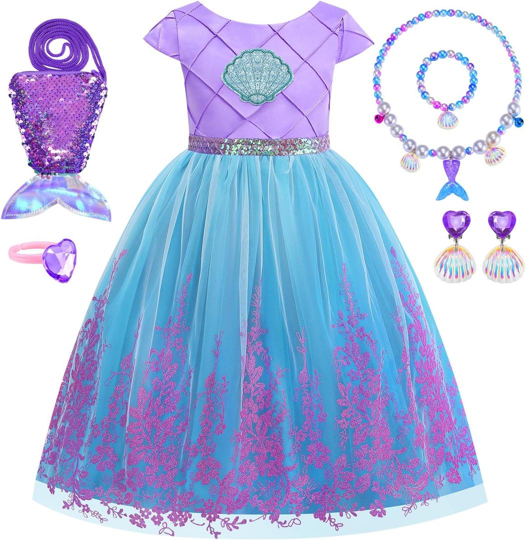 Mermaid Dress for Girls Princess Costumes for Halloween Cosplay Fancy Dress Up Party Birthday Outfit (6-7/130, Purple)
