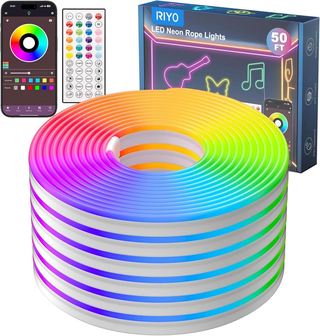 RIYO Neon Rope Lights, 50Ft RGB LED Strip Lights - App & Remote Control, Music Sync, IP67 Waterproof, Flexible Cuttable Neon Lights for Bedroom, Gaming, Party, Outdoor Decor, Multiple Modes