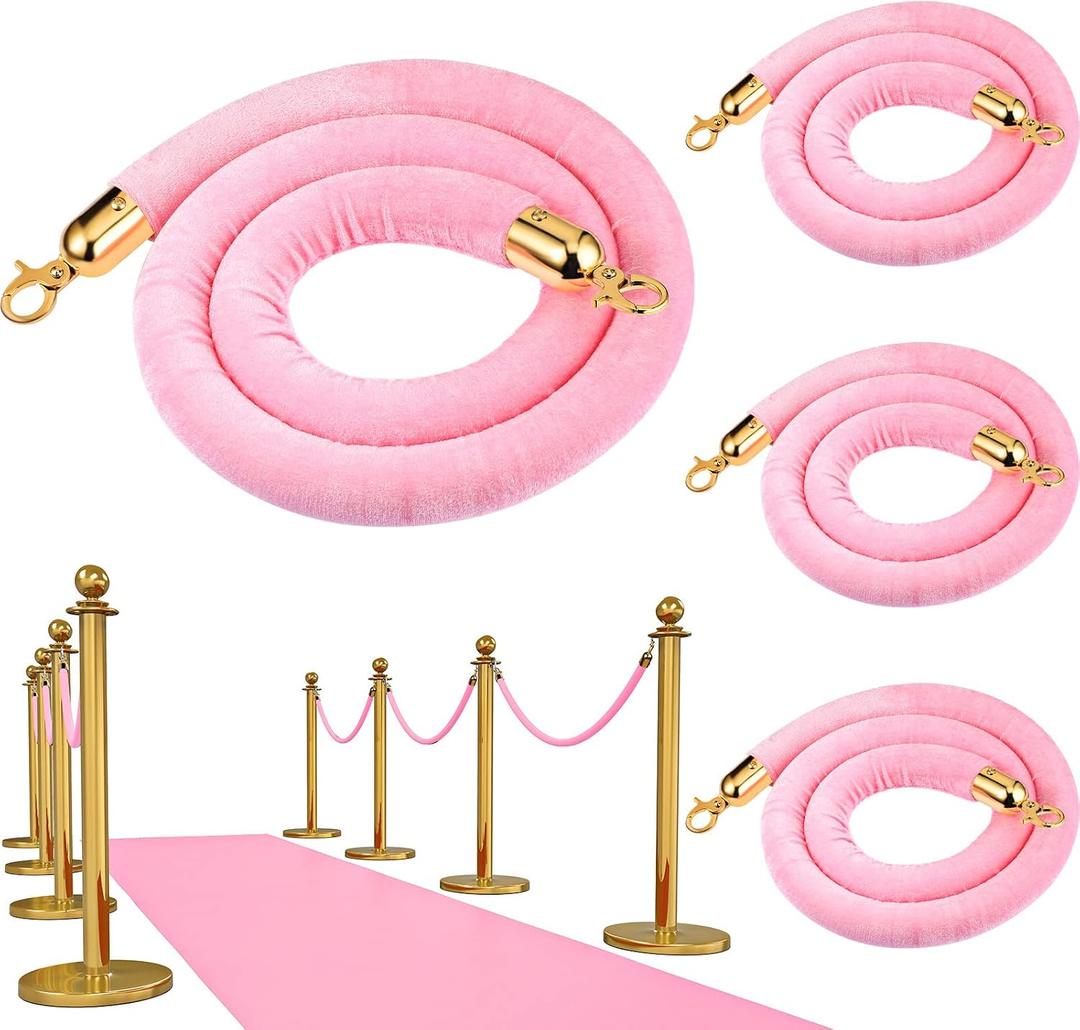 Riakrum 4 Pieces Pink Velvet Stanchion Rope 5 Feet Velvet Ropes with Gold Clasps for Party Hotels Wedding Movie Theaters Grand Openings Crowd Control Barrier Supplies