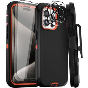 for iPhone 15 Pro Case 6.1" Belt-Clip Kickstand Holster with 2 Screen Protector + 2 Camera Lens Protector, Heavy Duty Military Grade Drop-Proof Phone Case Cover (Black Orange+Clip)