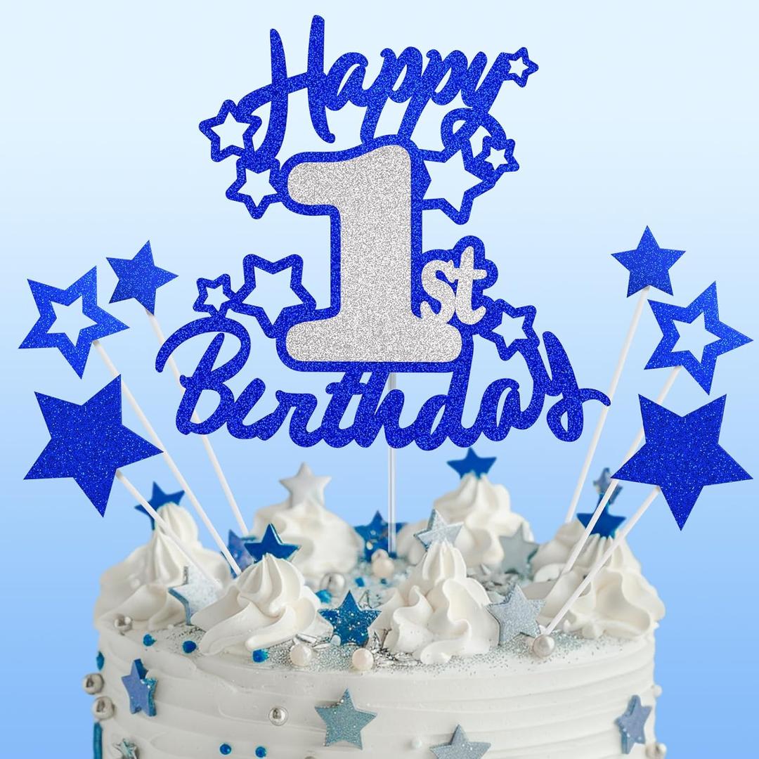 Happy 1st Birthday Cake Topper Decoration Blue Silver Glitter Toppers First Year Around the Sun 1 Year Old Party Decor Celebration Cupcake Toppers