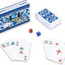 drizzle Poker Mahjong Playing Cards Table Game Chinese Blue and White Porcelain Design 144 Card Chips Set PVC Plastic Waterproof Portable Leisure Time