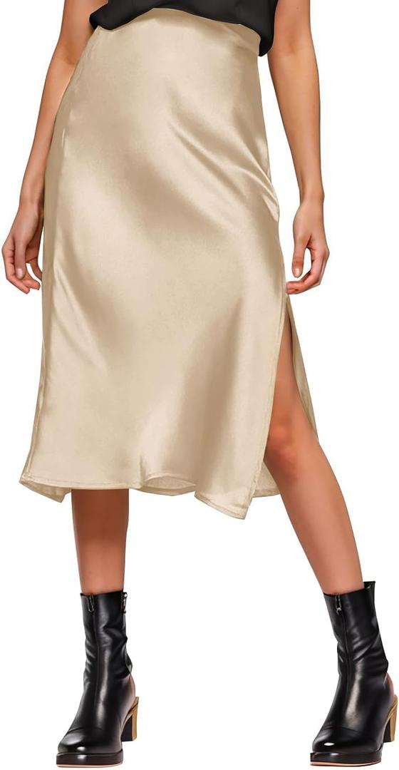 Womens Satin Silk High Waist Slit Midi Skirt Elastic Waistband Midi Skirts for Women (Small, Champagne)