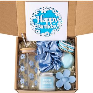 Birthday Gifts For Women, Teen Girl, Her, Happy Birthday Gift Box For Girl, Women, Sister, Daughter, Friends, Cute Daisy Aesthetic Glass Cups Gift Set 7pcs (Blue)