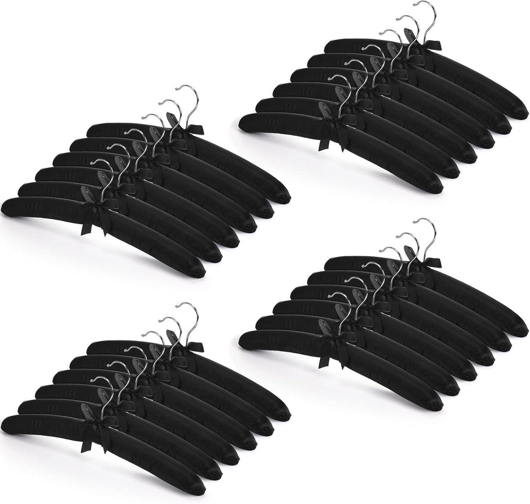 Jetec 24 Pieces Satin Padded Hangers with 360 Swiveling Hook Sponge Shoulder Pads Hanger for Coat, Sweaters, Blouse, Wedding Dress, Women's Clothes (Black)