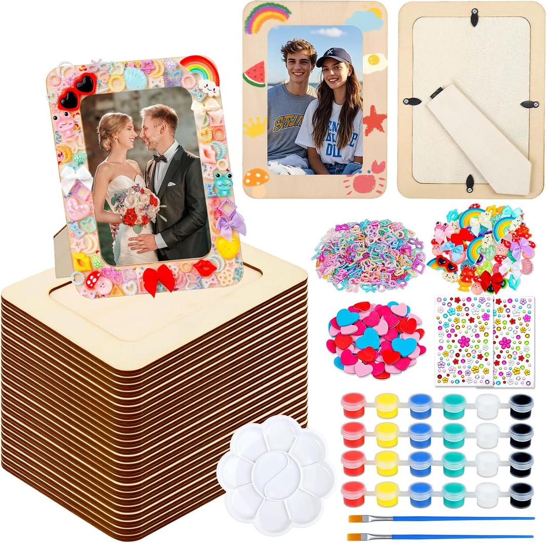 Picture Frame Painting Craft Kit,24 Pack Unfinished Wooden Picture Frames 4 x 6 Inch with Pearl Resin Diamond and Foam Stickers for DIY Paint and Decorate Craft Birthday Wedding Gifts