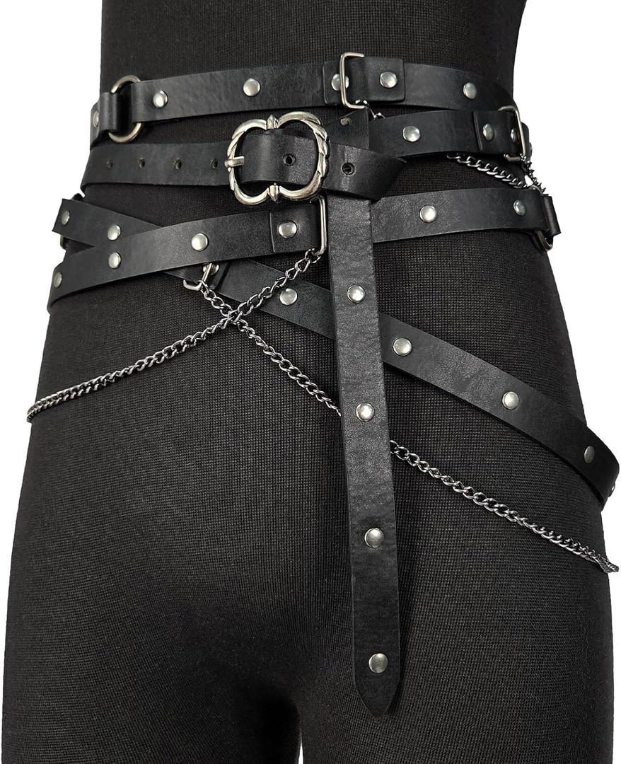 HiiFeuer Medieval DIY Faux Leather Metal Chain Belt, Vintage Adjustable Thin Belt For Women, Retro Skinny Belt For Dresses