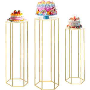 Cylinder Pedestal Stands for Party, 3 PCS Hexagon Gold Metal Plant Round Cylinder Stands for Party Flowers, Display Pedestal Stand Cylinder Tables for Vases Birthday Party Backdrop Decorations