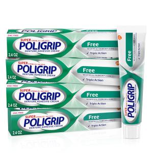 Super Poligrip Zinc Free Denture and Partials Adhesive Cream, 2.4 ounce (Pack of 4)