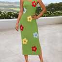 ZESICA Women's Summer Knit Bodycon Midi Dress 2026 Sleeveless Floral Crewneck Color Block Long Beach Party Dresses (L)