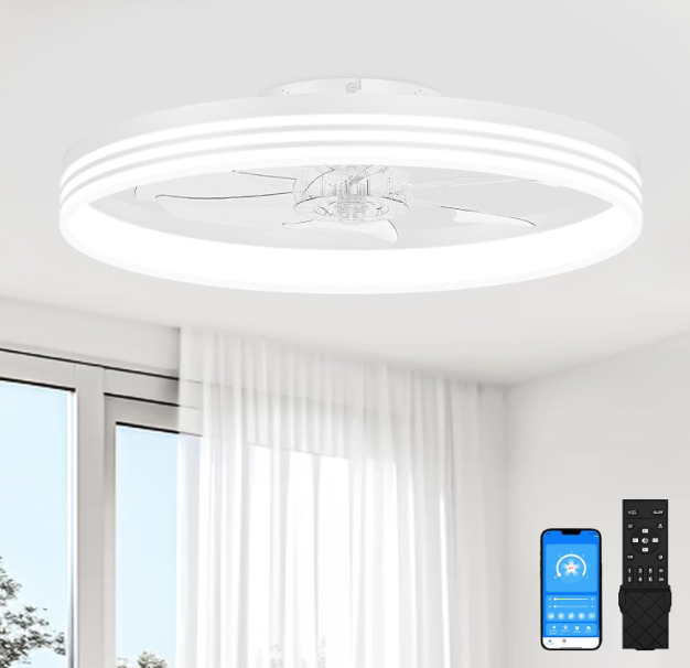 VOLISUN Low Profile Ceiling Fans with Lights and Remote, 23.6in Flush Mount Ceiling Fan with Light, 3000K-6501K Dimmable Fandelier LED Fan Light, White Bladeless Ceiling Fans with Lights for Bedroom