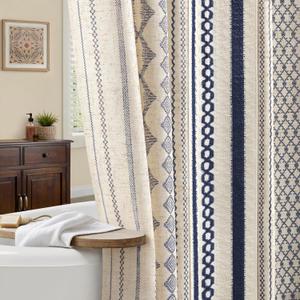 Nave Blue Boho Shower Curtain for Bathroom,Beige Linen with Striped Print and Twine-Inspired Woven Center,72" W x 72" L